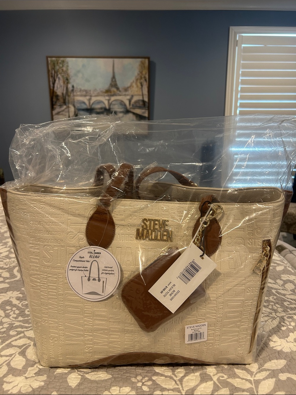 Steve Madden Cream and Brown Logo-Embossed Tote with Gold Accents